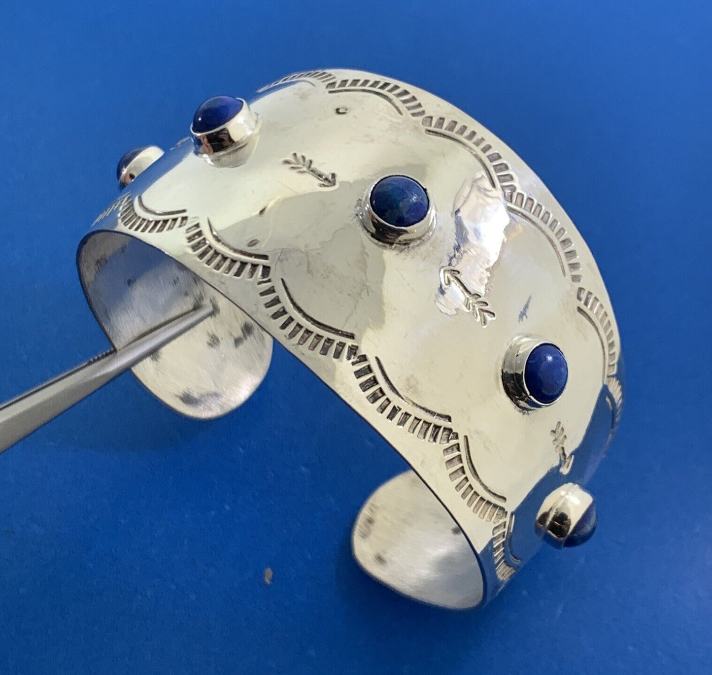Taxco Mexico Sterling Silver Lapis Lazuli Storyteller Open Cuff Bangle Bracelet