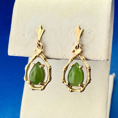 Vintage Estate 14K Yellow Gold Pear Jade Jadeite Bamboo Drop Dangle Earrings