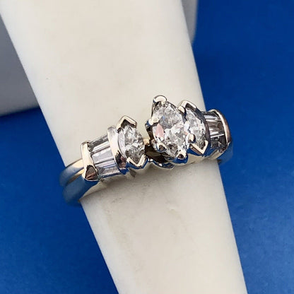 Vintage 14K Yellow White Gold Marquis Diamond Trio Accents Engagement Ring
