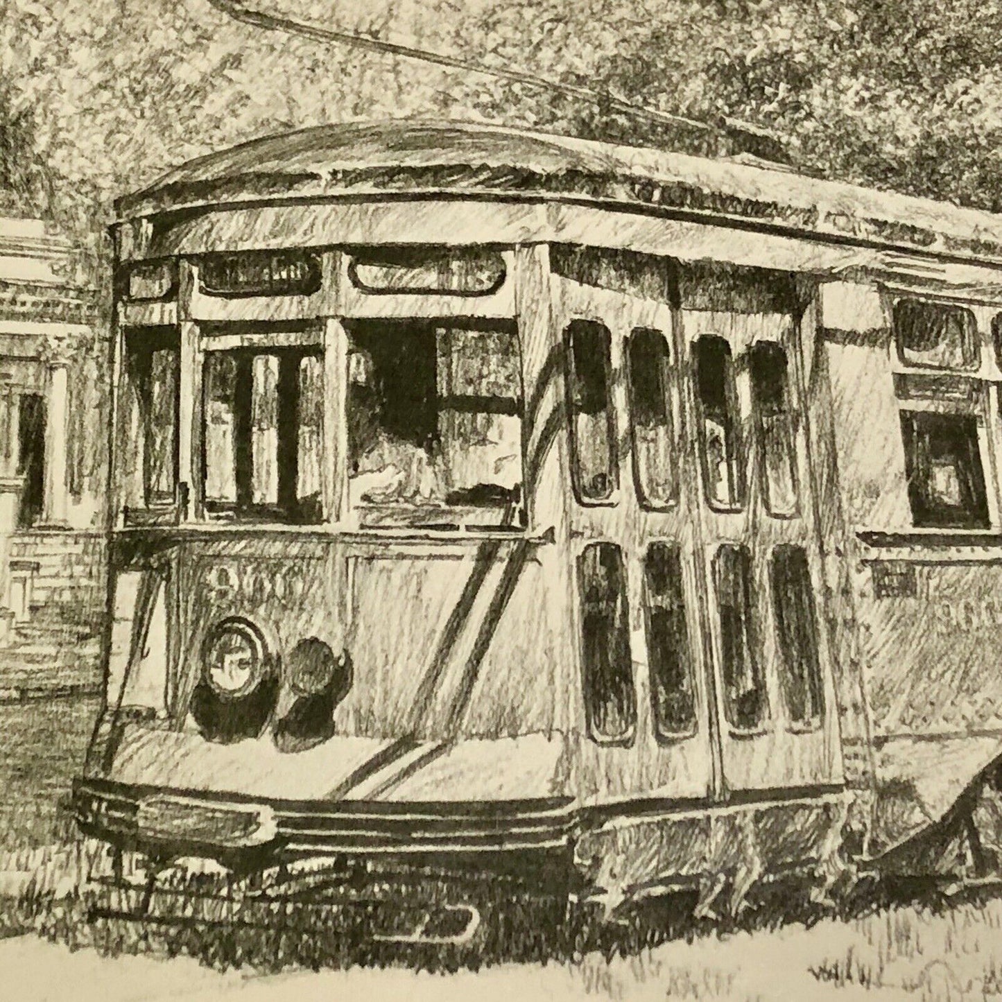1976 Artist Don Davey St. Charles Street Car NOLA Pencil Sketch Matted Framed