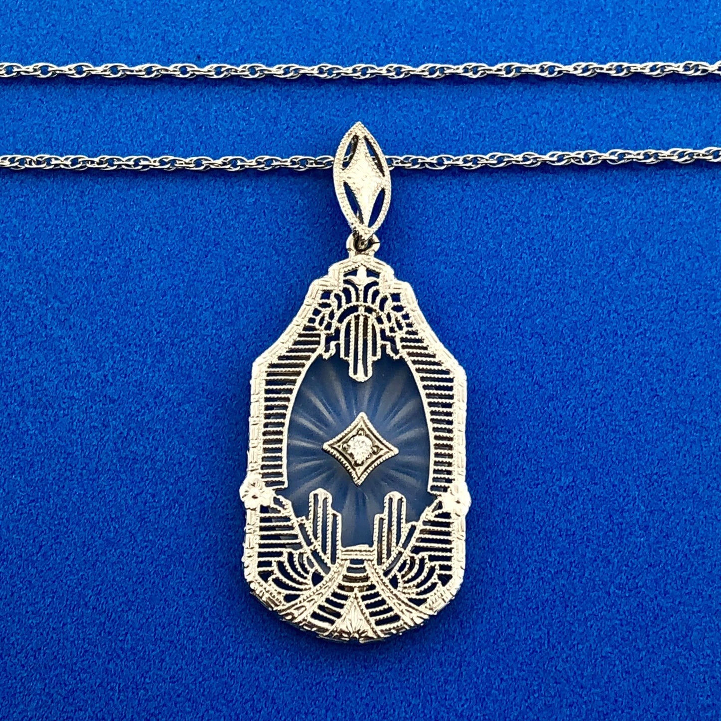 Vintage MSCo 14K White Gold Diamond Carved Art Glass Filigree Pendant Necklace