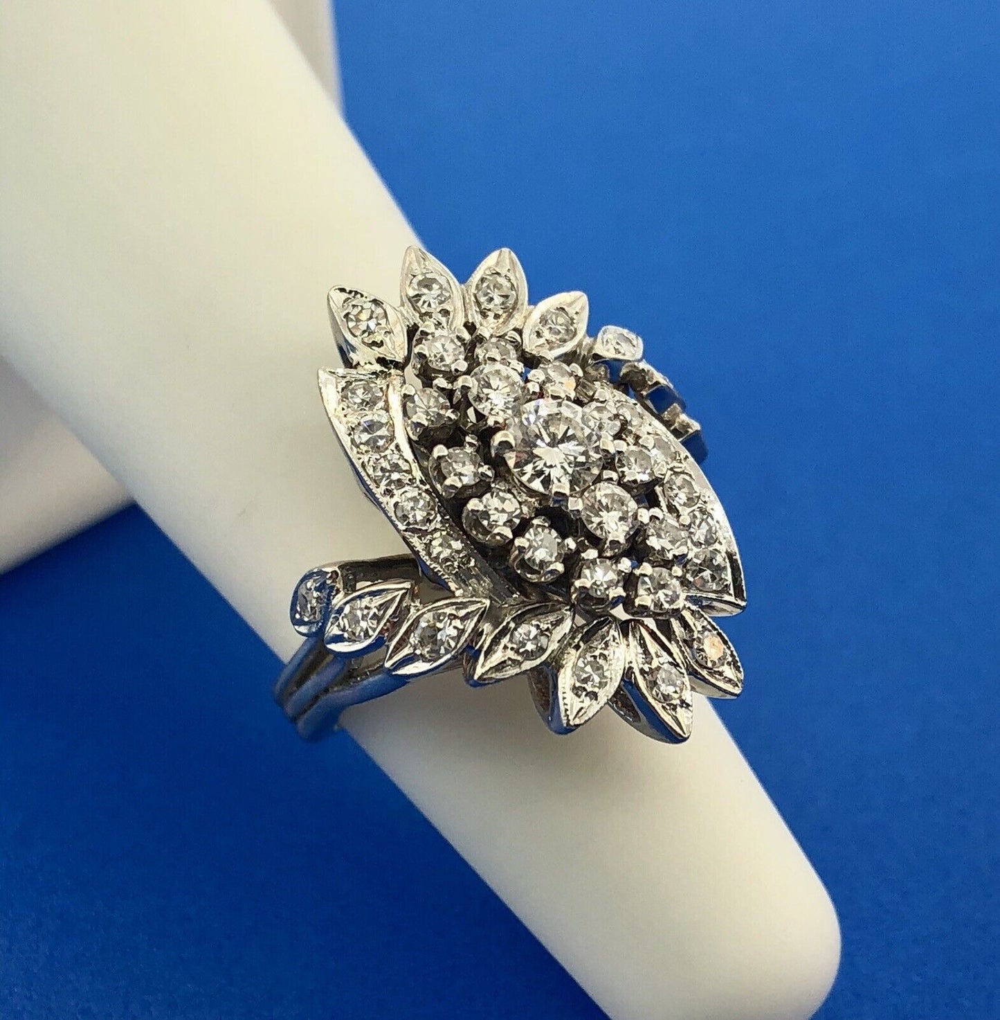 Estate 14K White Gold Diamond Feather Flower Cluster Statement Anniversary Ring