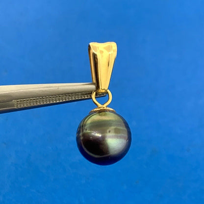 Vintage 18K Yellow Gold 10 mm Black Pearl Dangle Drop Charm Pendant