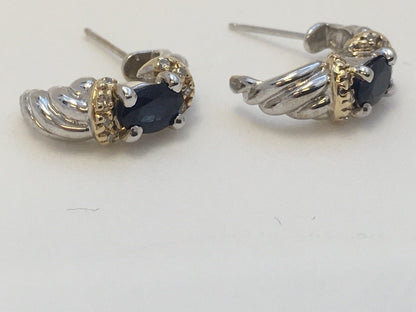 Stunning 14K White Yellow Gold Oval Sapphire Diamond Half Hoop Earrings