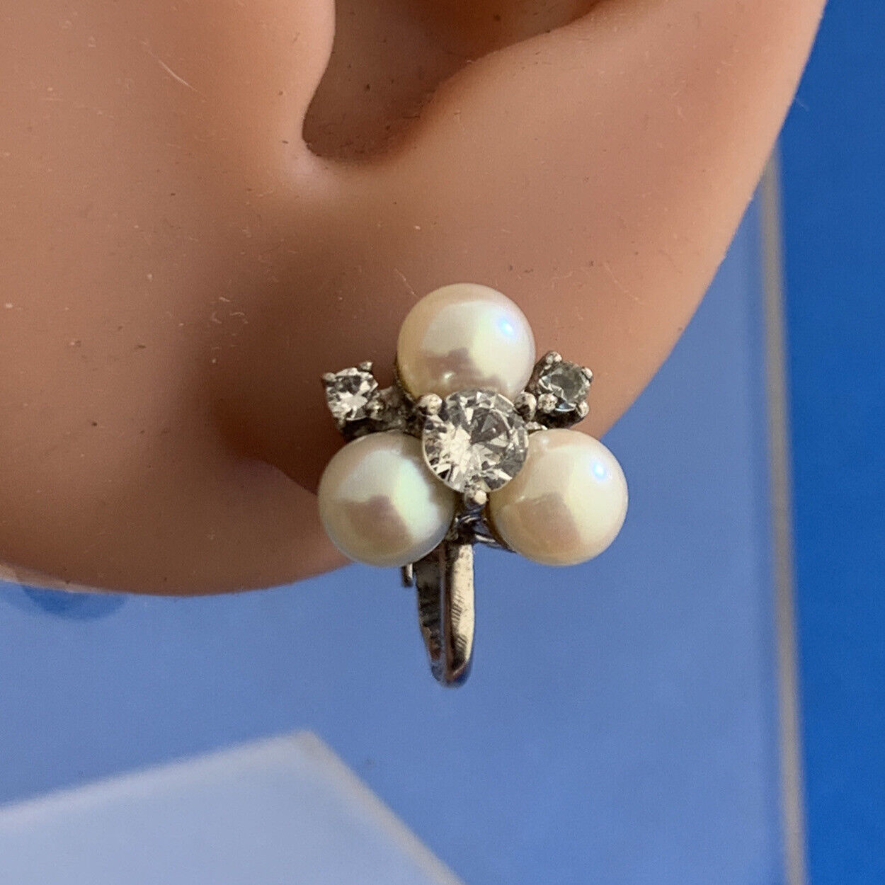 Vintage 925 Sterling Silver Pearl White Topaz Cluster Clip-on Stud Earrings