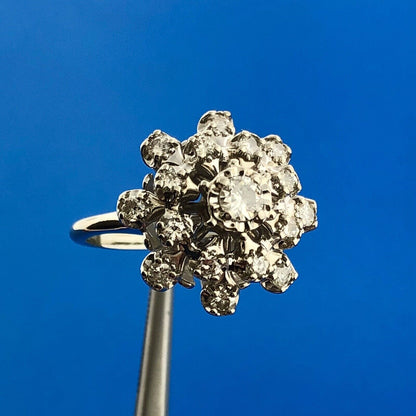 Gorgeous 14k White Gold Round Cut Diamond Blooming Tower Cluster Ring Size 7.5