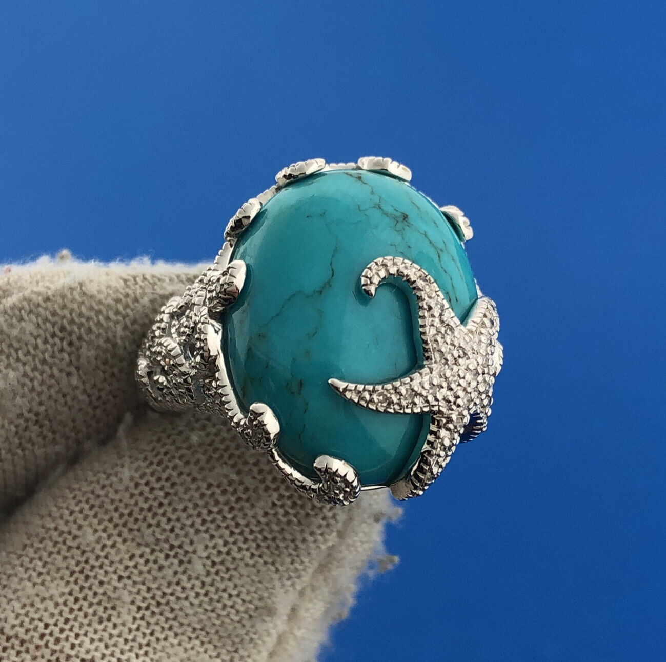 Designer EA Sterling Silver Turquoise Diamond Starfish Statement Cocktail Ring