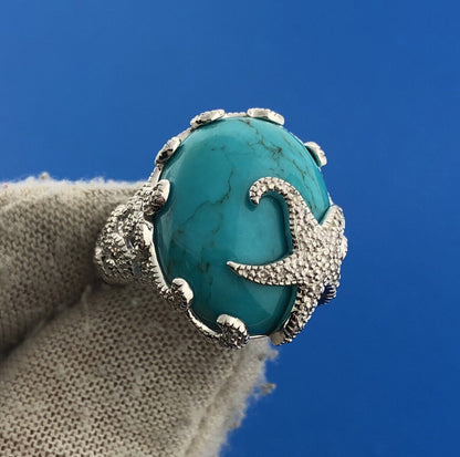 Designer EA Sterling Silver Turquoise Diamond Starfish Statement Cocktail Ring