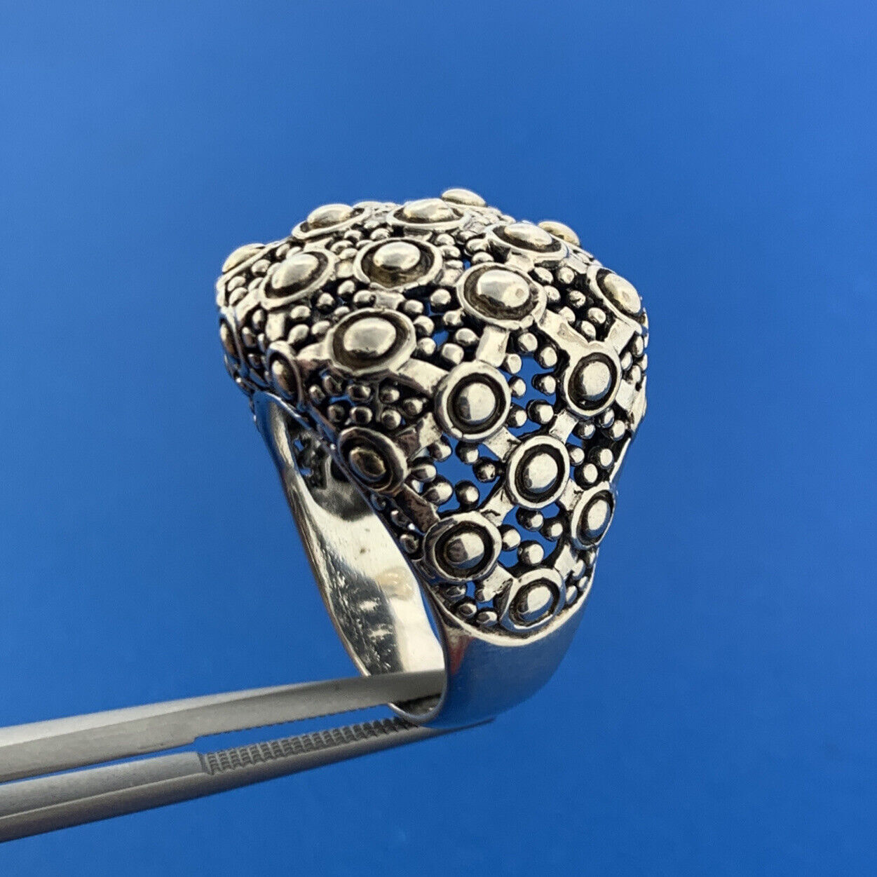 Sterling Silver 925 Beaded Filigree Gothic Design Statement Dome Cocktail Ring