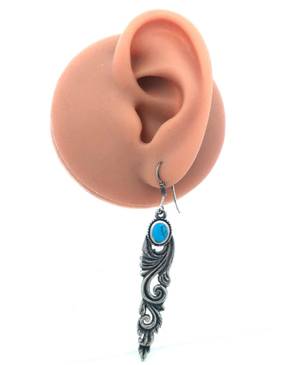 Vintage 925 Sterling Silver Turquoise Cabochon Scroll Dangle Drop Hook Earrings