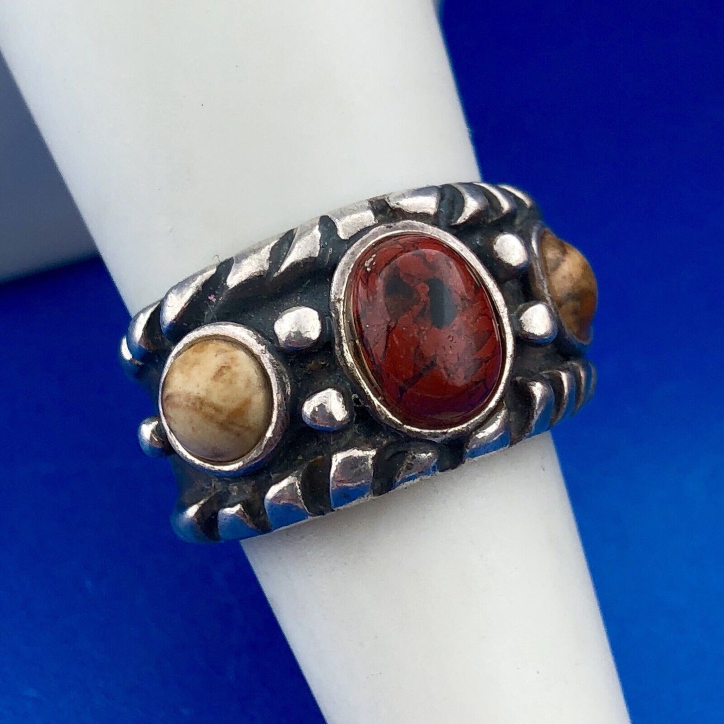 Vintage Native American Artisan 925 Sterling Silver Red Yellow Jasper Band Ring