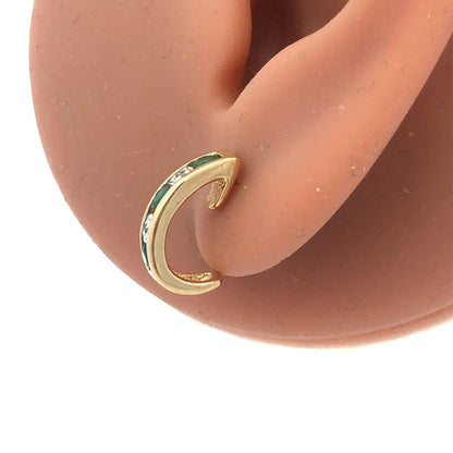 Elegant 14K Yellow Gold Emerald Diamond Channel Set Anniversary Huggie Earrings