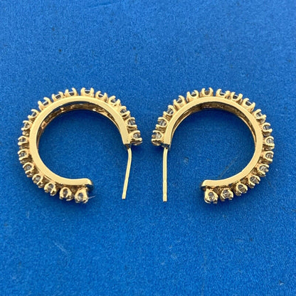 Estate 14K Yellow Gold Round Cubic Zirconia CZ 7/8" Hoop Stud Earrings