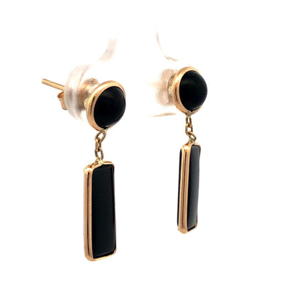 14K Yellow Gold Designer Round Rectangle Black Onyx Dangle Stud Earrings