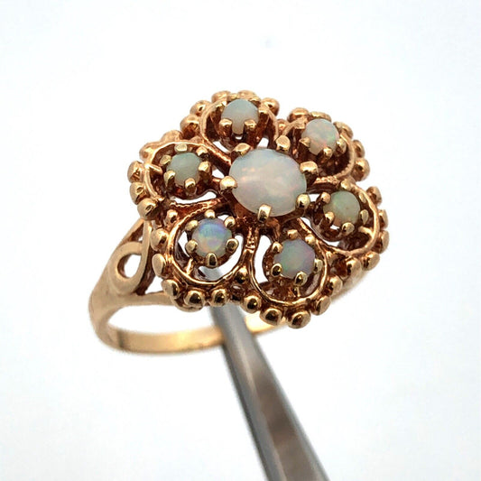 Designer ROMANY 10K Yellow Gold Opal Cabochon Flower Bead Detail Cocktail Ring