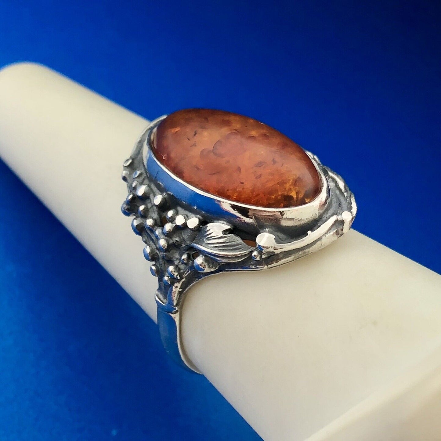 Stunning Sterling Silver 925 Oval Cabochon Amber Floral Finger Ring Size 8.75