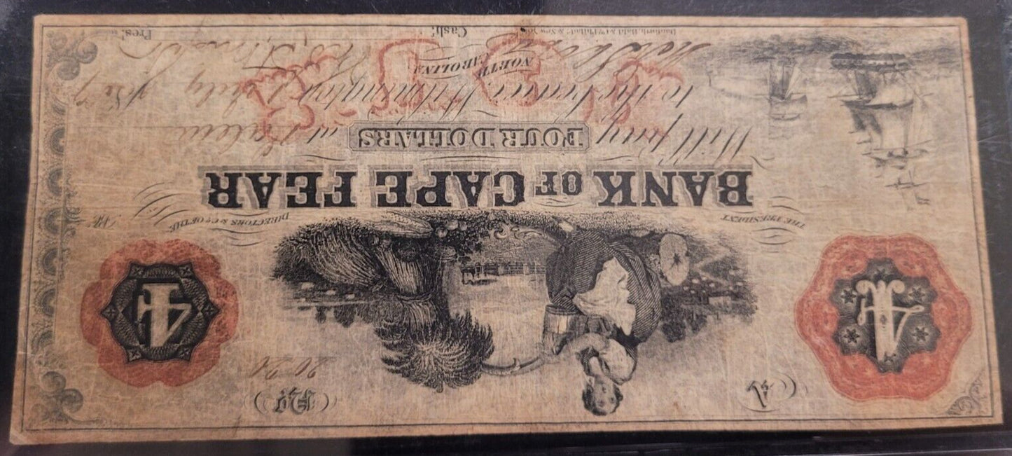 1859 $4 PMG VF20 Bank of Cape Fear, Salem, North Carolina Obsolete Bank Note