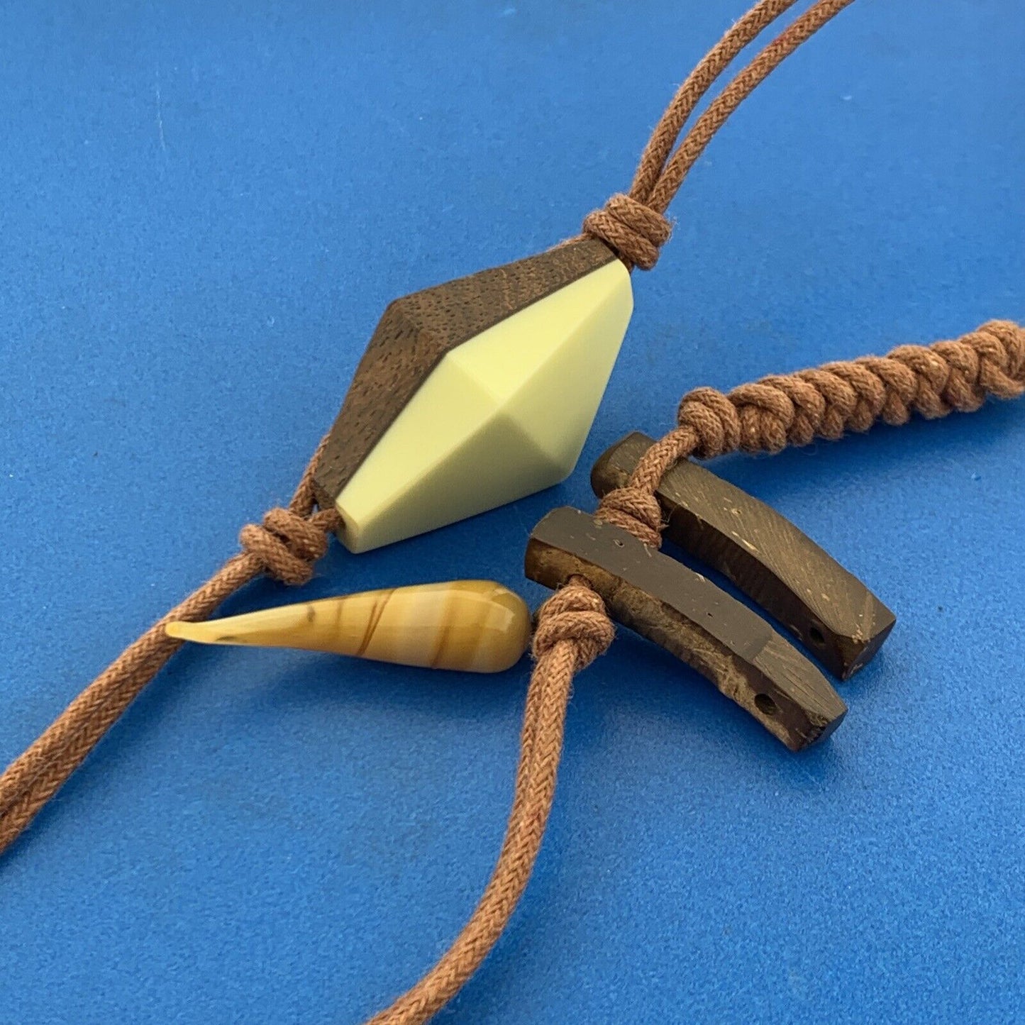 Mid Century Gold Tone Modern Wooden Bakelite Beaded Corded 2 Strand Necklace