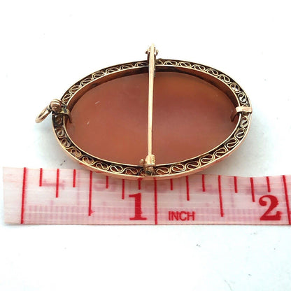 Vintage 10K Yellow Gold Oval Carved Brown Cameo Filigree Brooch Pendant