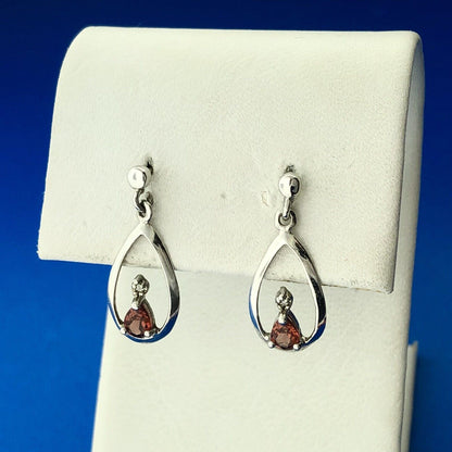 Designer QG Sterling Silver Garnet Diamond Openwork Teardrop Dangle Earrings