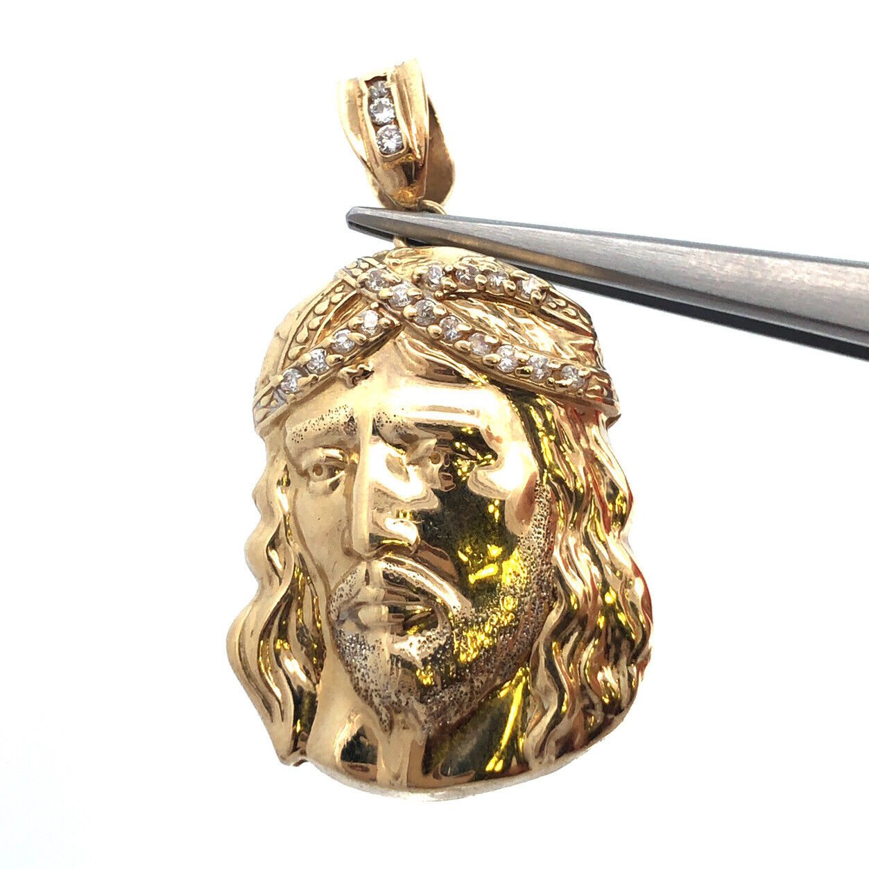 Designer 10K Yellow Gold Cubic Zirconia CZ Statement Christ's Head Pendant