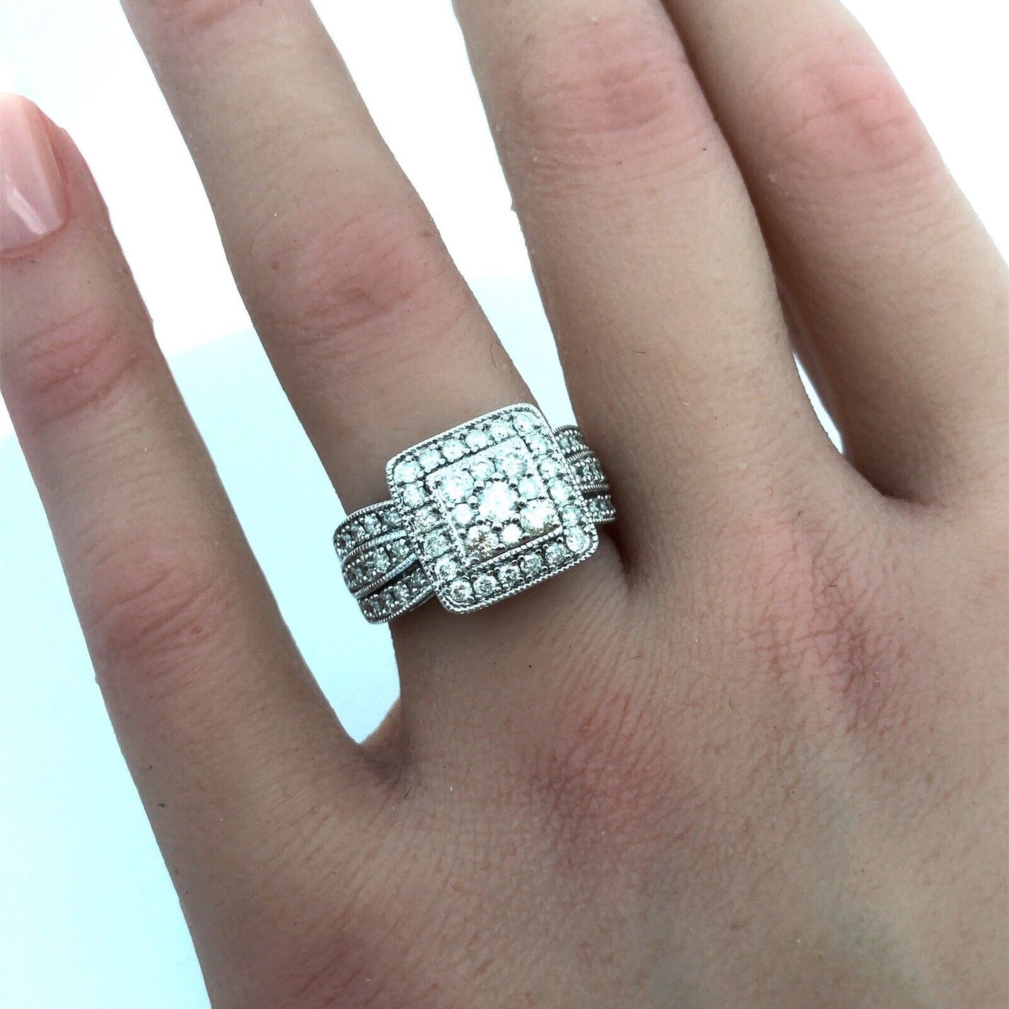 Designer 10K White Gold Diamond Double Halo Wedding Engagement Ring