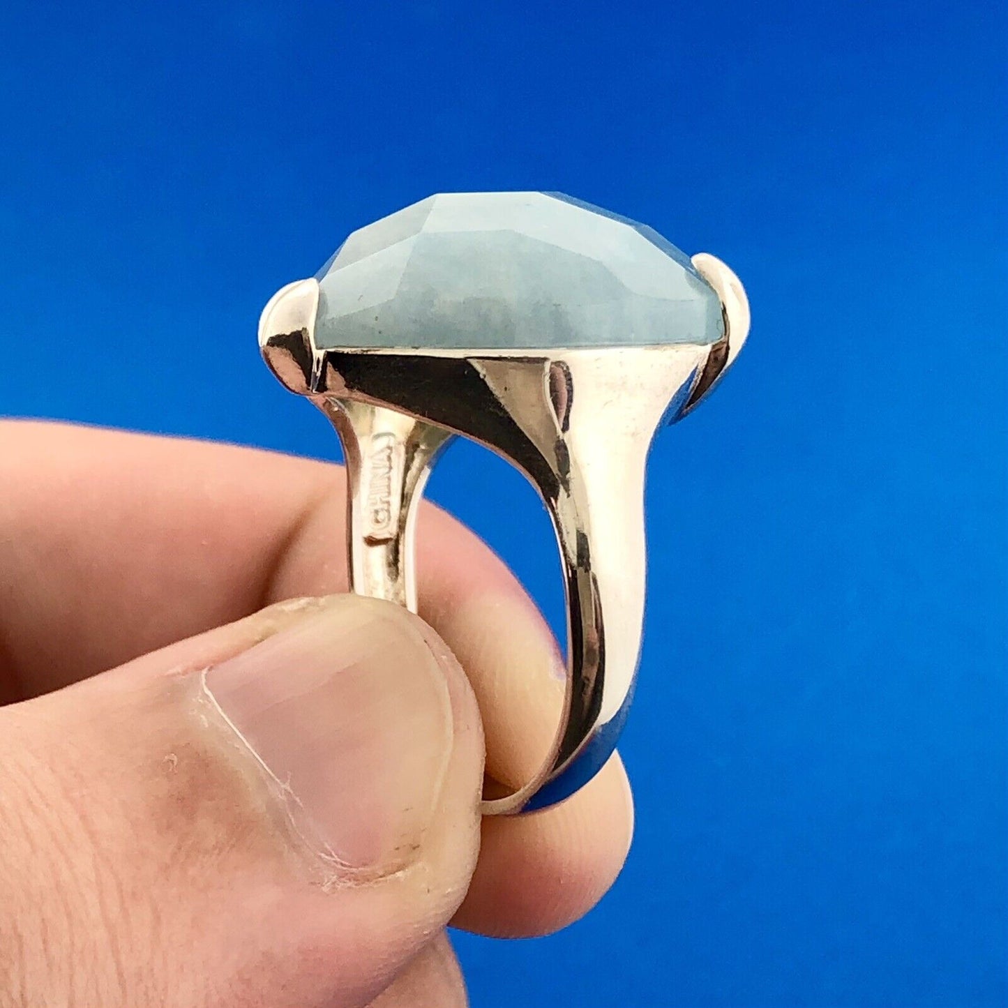 Designer GSJ 925 Sterling Silver Blue Aventurine Faceted Heart Statement Ring