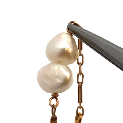 Estate 14K Yellow Gold White Pearl Beaded Station Bar Link Chain Bracelet