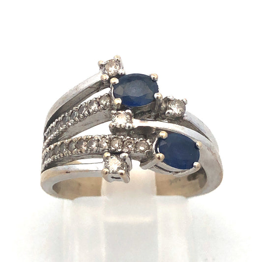 One-of-a-kind 14k White Gold Diamond and Sapphire Statement Ring