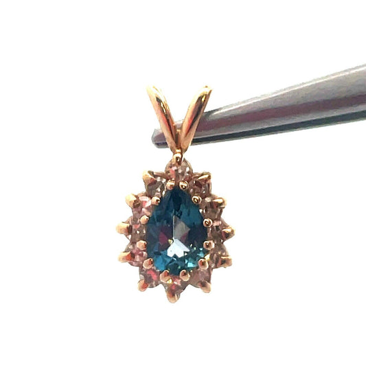 Estate 14k Yellow Gold Pear Blue Topaz Diamond Halo Pendant