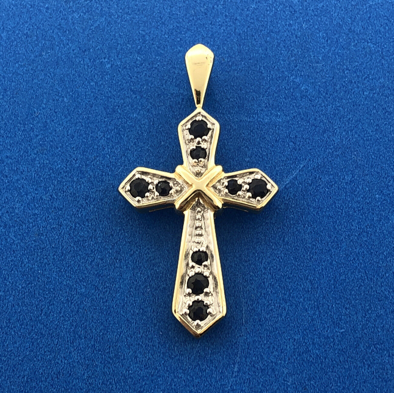 Designer JJT Vermeil Sterling Silver 925 Round Cut Sapphire Cross Faith Pendant