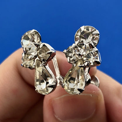 Estate Silver Tone Crystal Rhinestone Bridal Wedding Screw Back Earrings