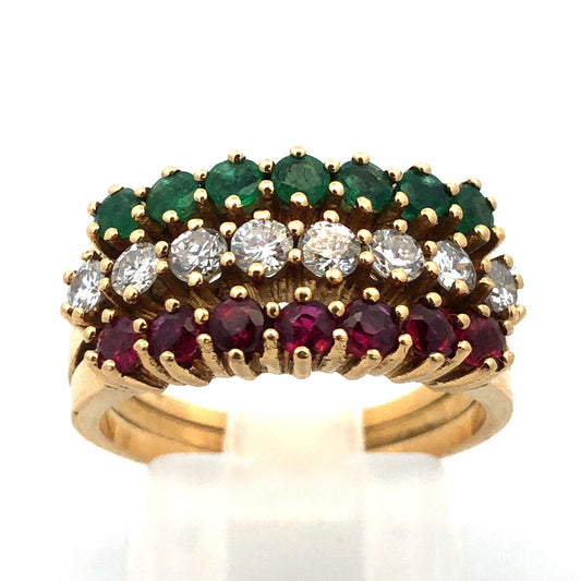 18K Yellow Gold Ruby Emerald Diamond Three Band Anniversary Cocktail Ring