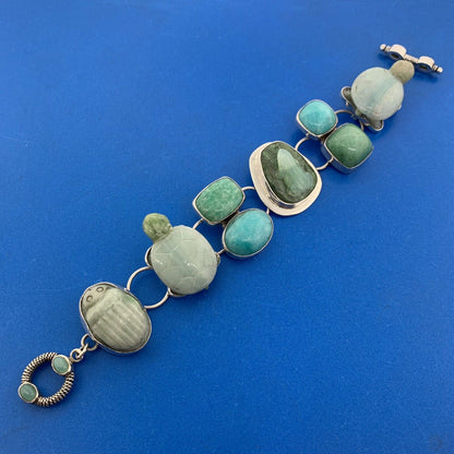 Amy Kahn Russell 925 Sterling Silver Mixed Carved Gemstone Statement Bracelet