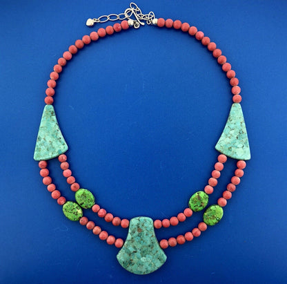 Jay King DRT Sterling Silver Turquoise Red Coral Geometric Statement Necklace