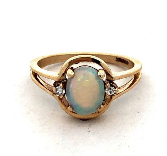 Designer JCE 10K Yellow Gold Oval White Opal Diamond October Birthstone Ring