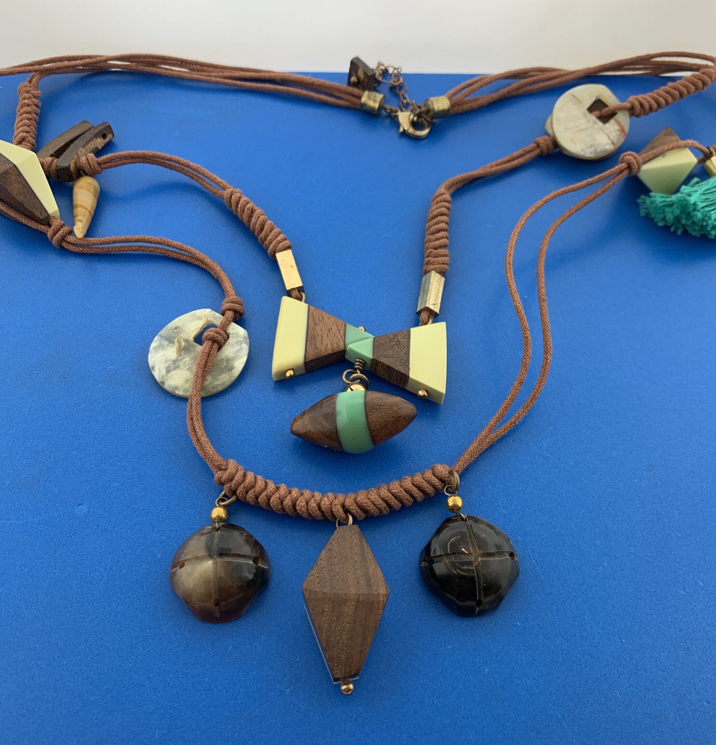 Mid Century Gold Tone Modern Wooden Bakelite Beaded Corded 2 Strand Necklace