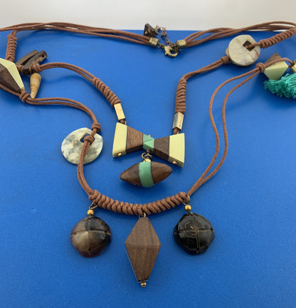 Mid Century Gold Tone Modern Wooden Bakelite Beaded Corded 2 Strand Necklace