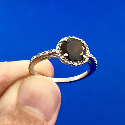 Designer 925 Sterling Silver Garnet Solitaire Diamond Halo January Occasion Ring