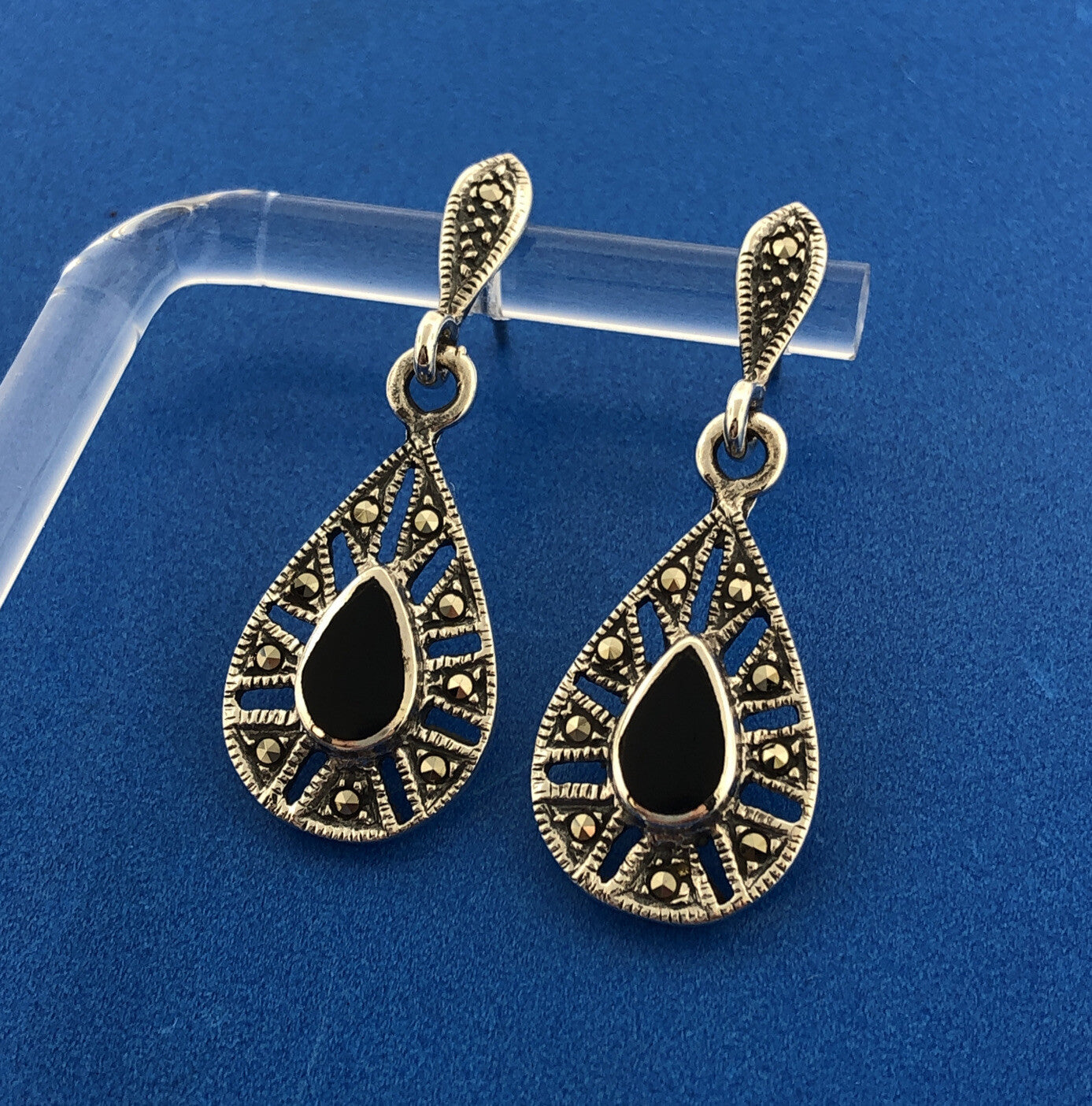 925 Sterling Silver Pear Black Onyx Marcasite Halo Drop Dangle Earrings