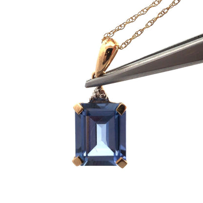 Designer 10K Yellow Gold Emerald Shaped Ceylon Sapphire Diamond Accent Necklace