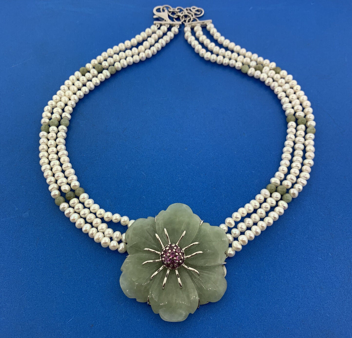 Designer Sterling Silver Carved Jade Pearl Pink Tourmaline Statement Necklace