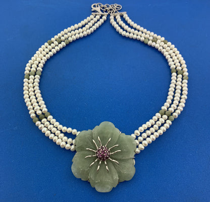 Designer Sterling Silver Carved Jade Pearl Pink Tourmaline Statement Necklace