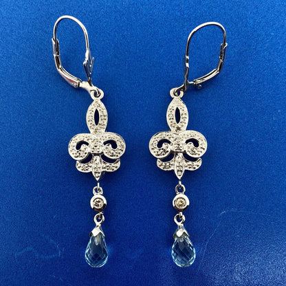 Designer EA Sterling Silver 925 Diamond Blue Topaz Fleur De Lis Drop Earrings
