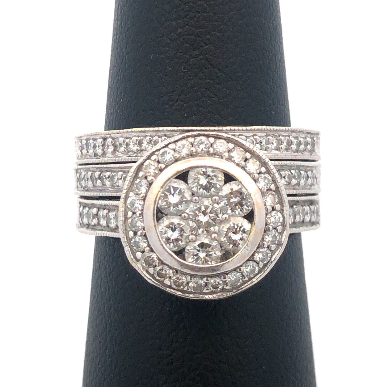 Designer 18K White Gold Diamond Floral Cluster Halo Accent 3 Ring Bridal Set