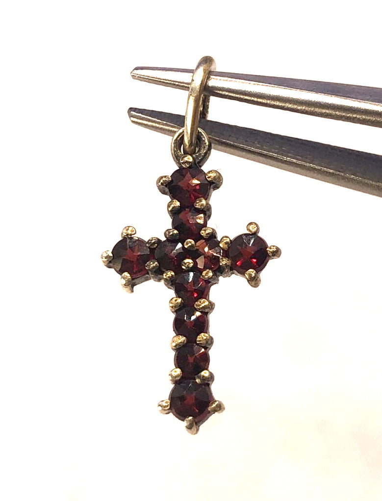 Estate 900 Silver Round Red Garnet Religious Cross Pendant