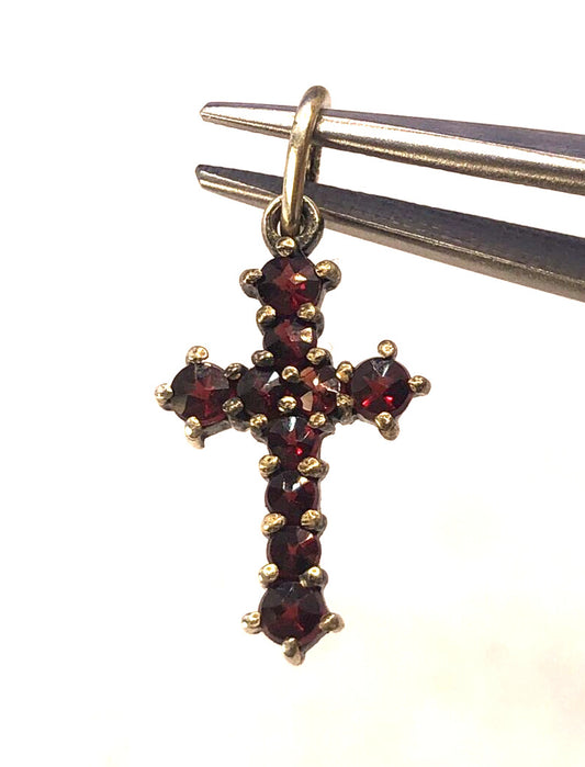 Estate 900 Silver Round Red Garnet Religious Cross Pendant
