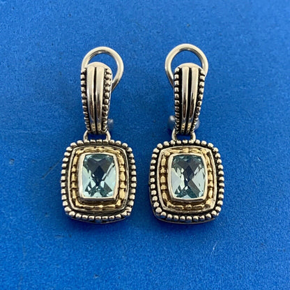 Designer 925 Sterling Silver 14K Gold Cushion Cut Blue Topaz Omega Back Earrings