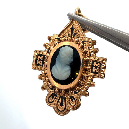 Victorian 14K And Gold Filled Black & White Cameo Enamel Dangle Stud Earrings