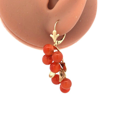Estate 14K Yellow Gold Carnelian Bead Berry Vine Statement Dangle Drop Earrings
